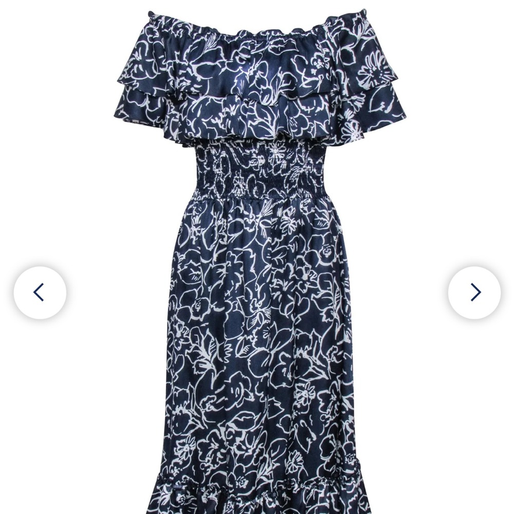 Misa Los Angeles off the shoulder midi dress.